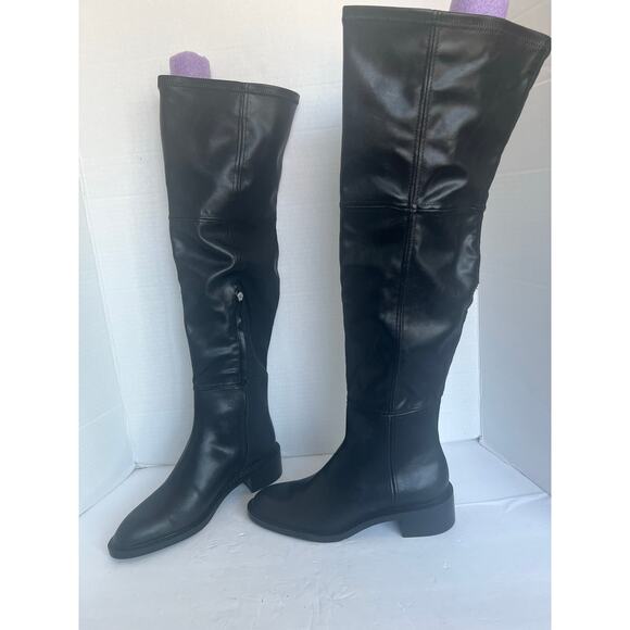 NWT Zara Tall Over The Knee Black Vegan Leather Square Toe Pull On Boots Sz 9 - Picture 1 of 15
